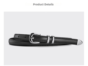 Close-up of thin black leather belt with silver buckle and metal tip detail