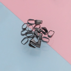 Detailed view of black stainless steel pinch bails for DIY jewelry necklace pendants