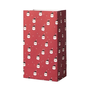 Red Christmas gift paper bag featuring cartoon Santa Claus patterns and white snowflakes