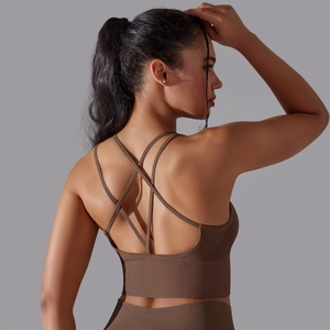 Détail du dos d'une brassière de sport marron foncé avec de multiples bretelles croisées
