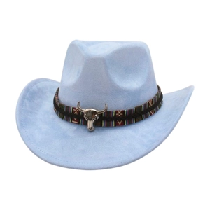 Detail view of a light blue cowboy hat with a tribal band and silver bull head decor