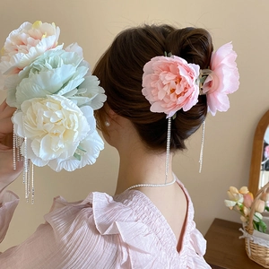 Elegant Flower Hair Claw Clip With Long Rhinestone Tassels Fabric Peony Design Sweet Vacation Headwear For Women