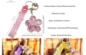Detail view of the cherry blossom starfish keychain with dimensions and liquid glitter