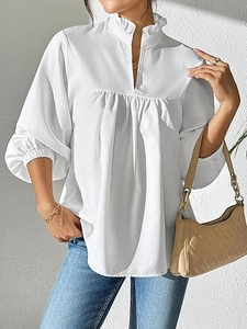 Elegante Damen Weiße Polyester Bluse Rüschen Stehkragen V-Ausschnitt Laternenärmel Plissee Pendler Hemd