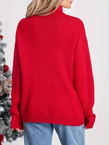 Roter Weihnachts-Elchstrickpullover für Damen mit lockerem Rollkragen und langen Ärmeln