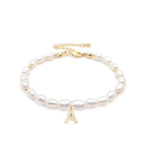 Natural freshwater pearl bracelet with gold diamond A-letter pendant and extension chain