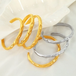 Irregular Hammered Texture Cuff Bracelet Stainless Steel Retro Minimalist Open Bangle For Women Vintage Style