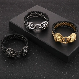 Punk woven leather lion head bracelets in gold, silver and black steel finishes