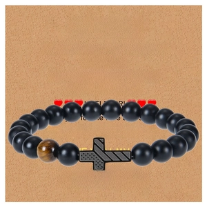 Men Beaded Bracelet Matte Black Stone Tiger Eye American Flag Cross Charm Elastic Gift For Dad Son Husband