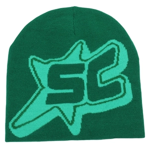 Detail of dark green beanie featuring fine knit texture and mint star letter pattern
