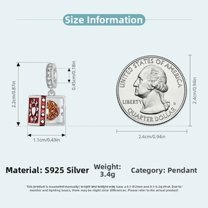 Detailed size comparison of S925 silver pizza charm next to a coin for scale