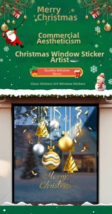 Detailed Christmas UV window sticker featuring gold trees and festive holiday ornaments
