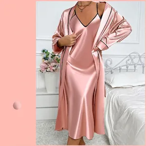 Women Satin Nightgown And Long Robe Sleepwear Imitation Satin V Neck Contrast Piping Home Loungewear