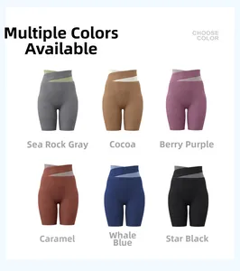 Detail view of high-waist yoga shorts in six color options with crossover waistband