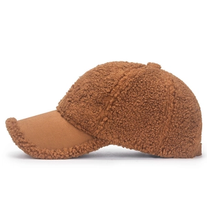 Caramel brown sherpa baseball cap with faux suede brim for autumn and winter style