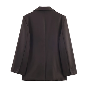 Deep coffee loose suit blazer and trousers set for women back view on white background