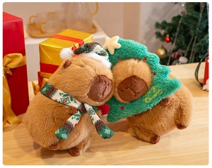 Detail of Christmas Capybara plushies with festive hats, scarves and tree costumes