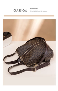 Macro detail of brown geometric pattern and golden hardware on stylish travel backpack