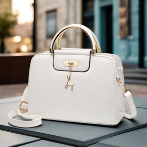 Women Shoulder Bag PU Leather V-Shaped Embossing Elegant Handbag With Deer Pendant Metal Handle Crossbody Daily Fashion