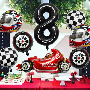 Racen party ballonset met rode motorfiets, nummer 8, helm en geruite ontwerpen