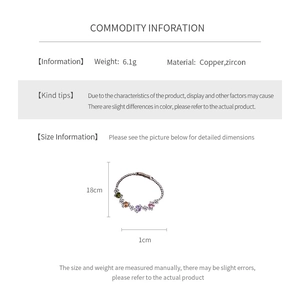 Detailed spec chart showing 18cm copper bracelet with colored zircon heart charms