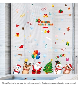 Detailed Christmas window stickers with Santa and reindeer on bathroom glass