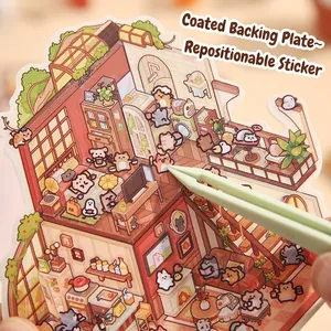 DIY cartoon indoor scene sticker set with reusable animals and furniture on 3D board