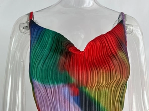 Detail of colorful rainbow gradient pleated camisole top with elegant draped V-neckline