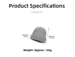 Gray ribbed knit beanie detail showing 21.5cm height and 7.5cm fold with leather patch
