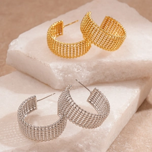 Chic metallic mesh beaded C-shape hoop earrings in gold and silver finish