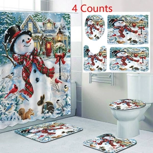 Christmas bathroom set including snowman shower curtain, toilet cover, and matching floor mats