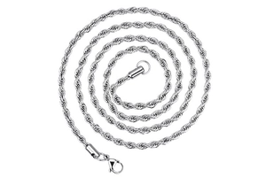 Detailed view of silver stainless steel twisted rope chain with secure lobster clasp