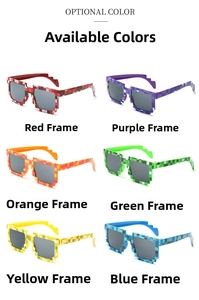 Detailed grid view showing pixel mosaic party sunglasses in six vibrant color options