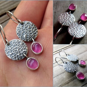Vintage style pink gemstone drop earrings with textured antique silver metal finish