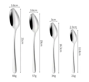 Size chart for 304 stainless steel spoons showing lengths from 11.8cm to 21cm in detail