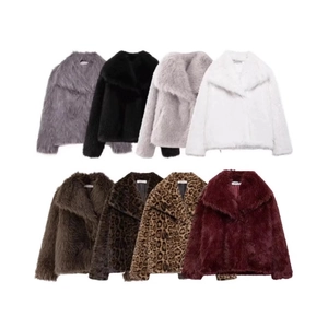 Veste En Fausse Fourrure Pour Femmes Grand Revers Poilu Moelleux Manteau Court Hiver Chaud Léopard Couleur Unie