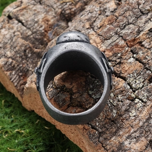 Vintage cross-textured skull stainless steel ring for men with distressed silver finish
