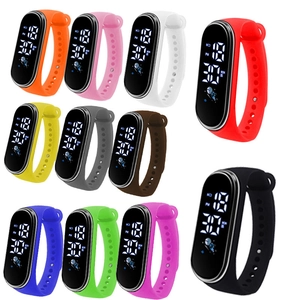 Detailed view of kids digital LED sports watches in multiple colors with silicone straps