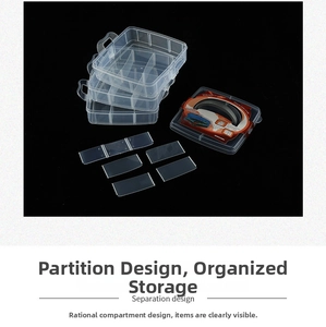 Detailed view of clear plastic organizer box with removable dividers for small parts