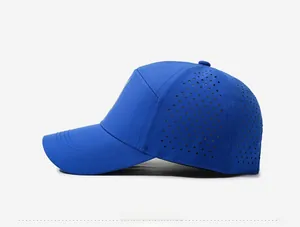 Close-up of royal blue baseball cap featuring laser-cut side vents and reinforced stitching
