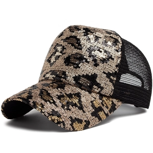 Sequin Leopard Print Baseball Cap Women Breathable Mesh Trucker Hat Sparkly Animal Pattern Adjustable Peaked Cap