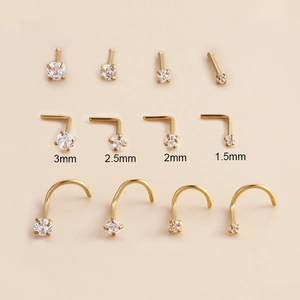 12-piece gold stainless steel nose stud set with cubic zirconia in four sizes