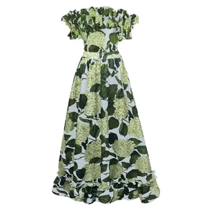 Detail of ruffled bandeau neckline and green hydrangea floral print on swimsuit