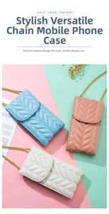Detailed view of quilted leather phone bags in light blue, pink and beige with gold chains
