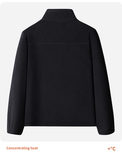 Back view of black fleece jacket featuring a high collar and elastic cuffs for warmth