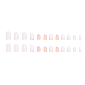 Pink and white ombre press-on nails with fine glitter accents in a minimalist layout
