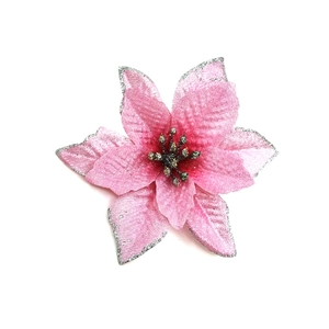 Detail showing artificial pink poinsettia with silver glitter edges for Christmas tree decor