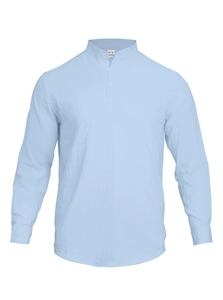 Detail of light blue linen shirt featuring a standing Henley collar and size M label