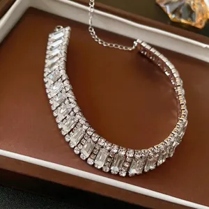 Luxury silver geometric necklace with full rectangular rhinestones for formal evening wear