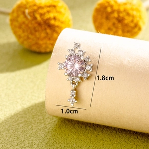 Silver cartilage stud earring with pink zircon pendant and 1.8cm x 1.0cm size detail